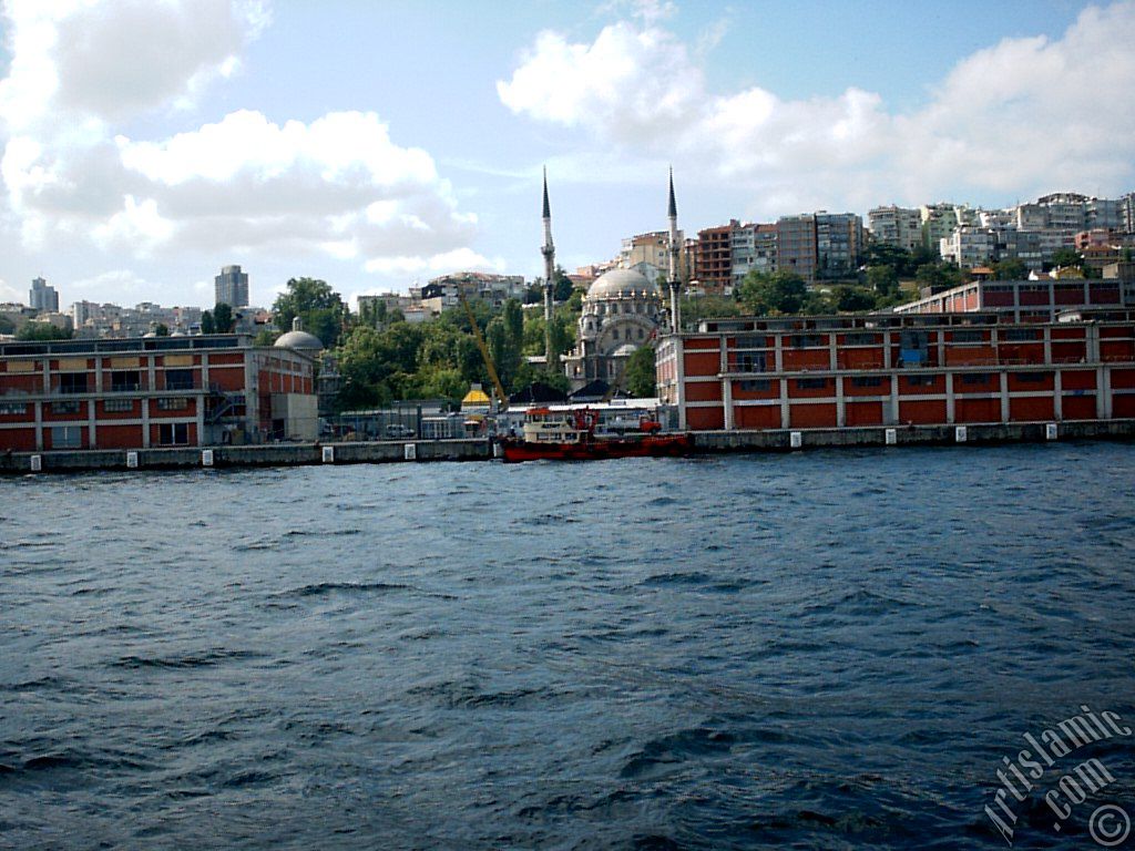 View of Karakoy coast and Nusretiye Mosque from the Bosphorus in Istanbul city of Turkey.
