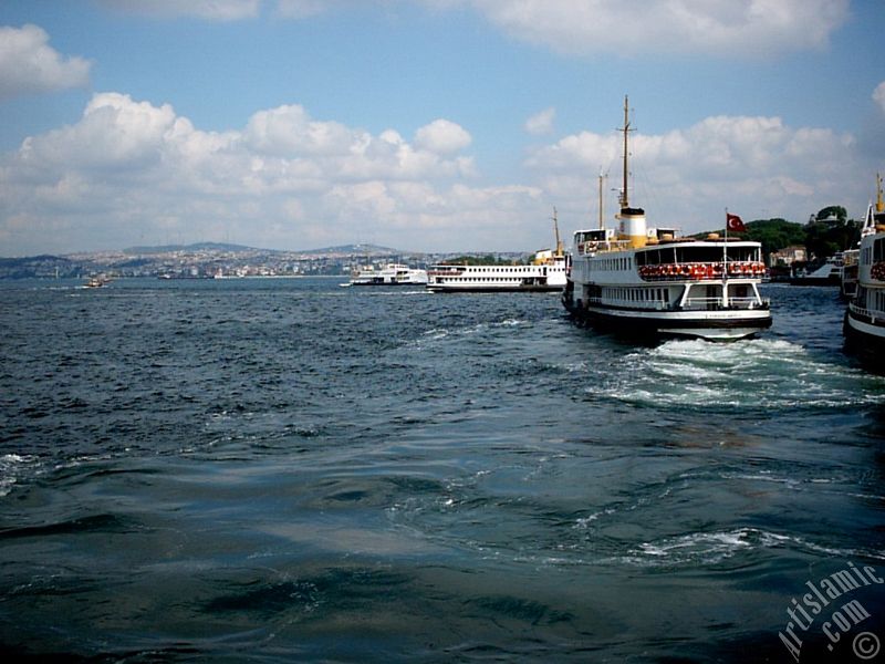 View of Eminonu shore and the ships from the sea in Istanbul city of Turkey.
