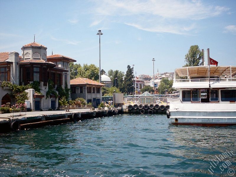 View of Besiktas jetty and Sinan Pasha Mosque its behind from the Bosphorus in Istanbul city of Turkey.
