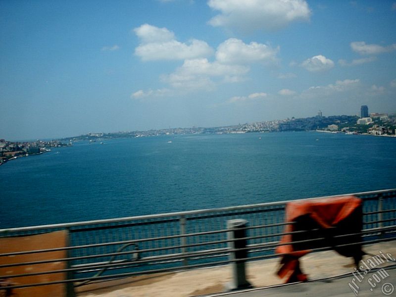 View of the Bosphorus in Istanbul from the Bosphorus Bridge over the sea of Marmara in Turkey.
