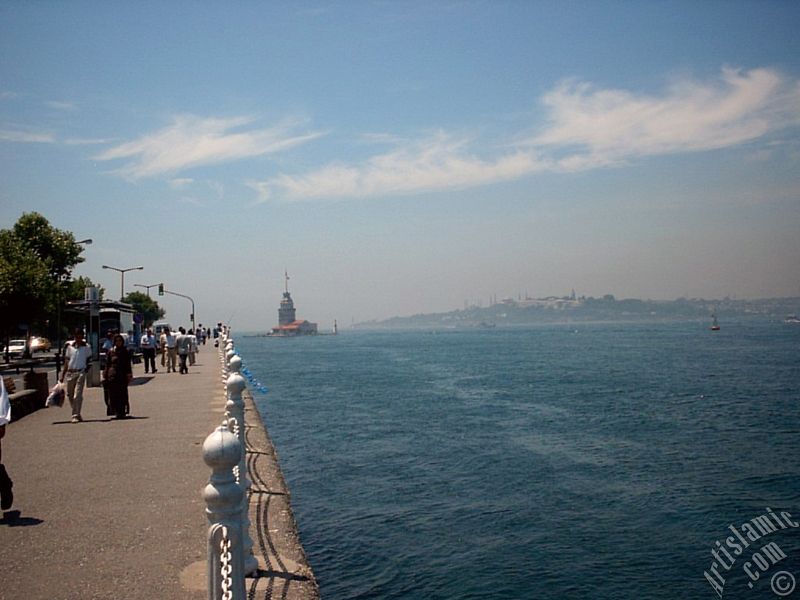 View of Kiz Kulesi (Maiden`s Tower) located in the Bosphorus from the shore of Uskudar in Istanbul city of Turkey.
