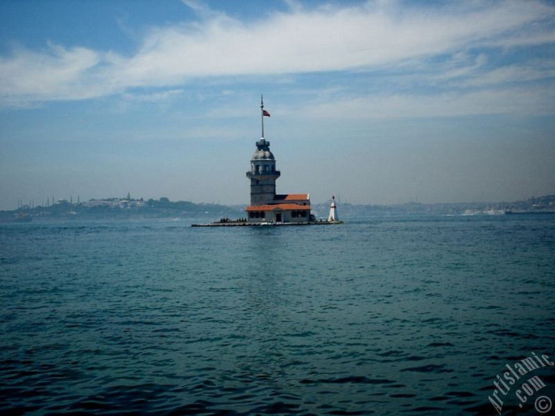 View of Kiz Kulesi (Maiden`s Tower) located in the Bosphorus from the shore of Uskudar in Istanbul city of Turkey.
