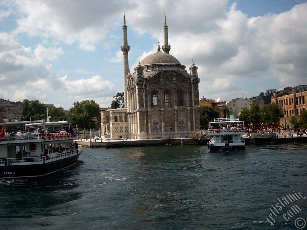 View of Ortakoy coast and Ortakoy Mosque from the Bosphorus in Istanbul city of Turkey.
