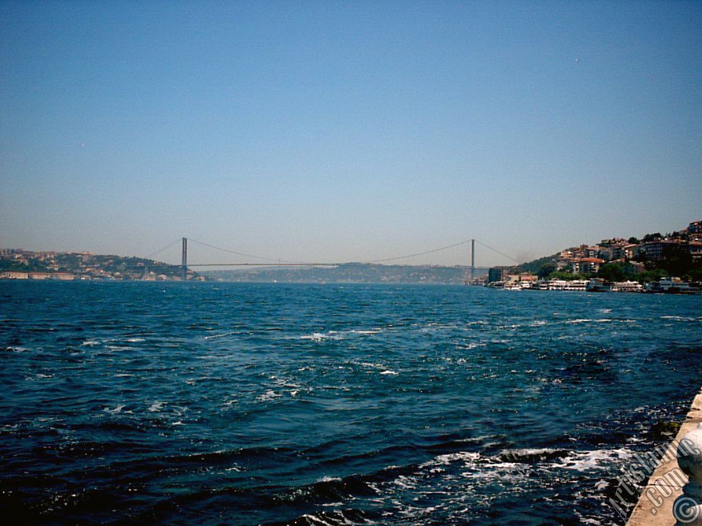 View of Bosphorus and Bosphorus Bridge from Uskudar shore of Istanbul city of Turkey.
