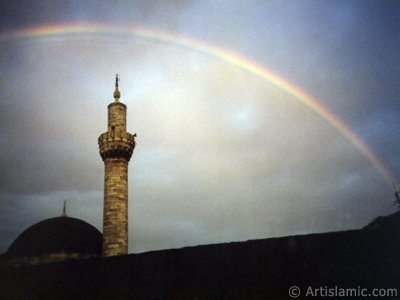 View of rainbow seen over Iskender Pasha Mosque after rain in Istanbul city of Turkey. The picture was taken by Artislamic.com in 1997.