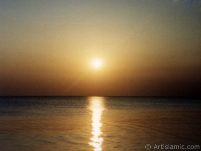 View of sunset and a ship on the horizon from Guzelce shore in Istanbul city of Turkey. (The picture was taken by Artislamic.com in 1994.)