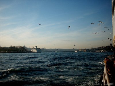 View of Sarayburnu coast, (from left) Beyazit Tower, Suleymaniye Mosque, on the horizon Fatih Mosque, Yavuz Sultan Selim Mosque, on the right Galata Tower, sea gulls accompanying the ship and a child daydreaming while he is watching Istanbul city from the Bosphorus in Turkey. (The picture was taken by Artislamic.com in 2004.)