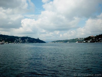 View towards Fatih Sultan Mehmet Bridge over the Bosphorus from between Arnavutkoy shore and Vanikoy shore in the middle of the Bosphorus in Istanbul city of Turkey. (The picture was taken by Artislamic.com in 2004.)