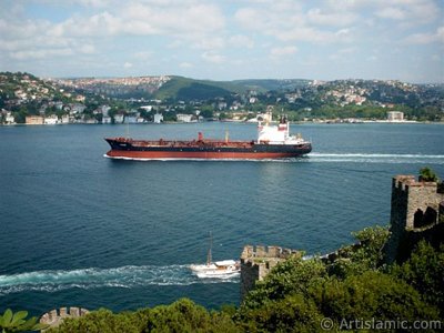 View of the Bosphorus from Rumeli Hisari which was ordered by Sultan Mehmet the Conqueror to be built before conquering Istanbul in 1452 in Turkey. (The picture was taken by Mr. Mustafa one of the visitors of Artislamic.com in 2004)