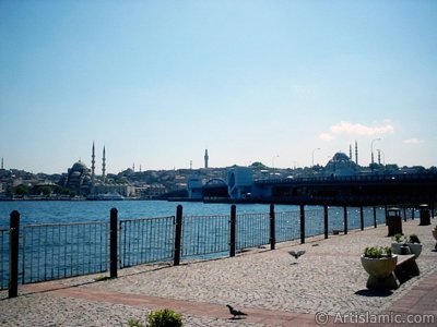 View of (from left) Yeni Cami (Mosque), (at far behind) Beyazit Mosque, Beyazit Tower, Galata Brigde and Suleymaniye Mosque from the shore of Karakoy in Istanbul city of Turkey. (The picture was taken by Artislamic.com in 2004.)