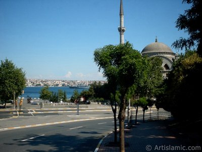 View of Dolmabahce coast and Valide Sultan Mosque in Dolmabahce district in Istanbul city of Turkey. (The picture was taken by Artislamic.com in 2004.)