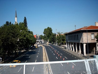 View towards Ortakoy district and minaret of Sinan Pasha Mosque from an overpass at Besiktas district in Istanbul city of Turkey. (The picture was taken by Artislamic.com in 2004.)