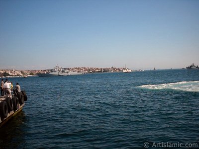 stanbul Beikta sahilinde iskeleye yanaan bir vapurdan denizden oluan kpkler, ufukta Kz Kulesi, solda skdar srtlar ve sahilde balk tutanlar. (Resim 2004 ylnda islamiSanat.net tarafndan ekildi.)