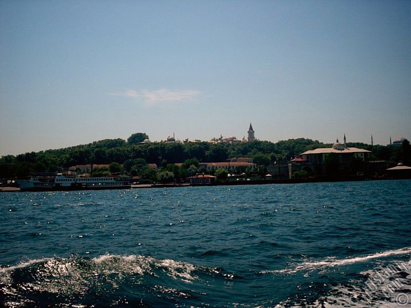 View of Sarayburnu coast, Topkapi Palace and Ayasofya Mosque (Hagia Sophia) from the sea in Istanbul city of Turkey.

