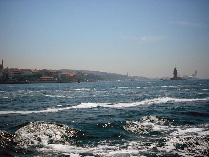 View of Kiz Kulesi (Maiden`s Tower) and Uskudar coast from the Bosphorus in Istanbul city of Turkey.
