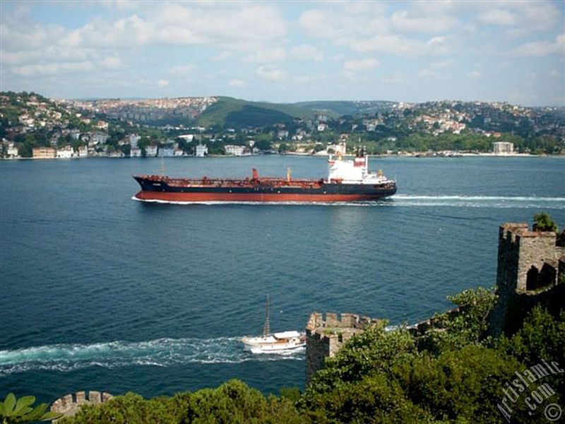 View of the Bosphorus from Rumeli Hisari which was ordered by Sultan Mehmet the Conqueror to be built before conquering Istanbul in 1452 in Turkey.
