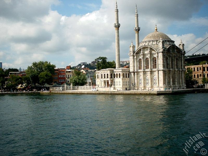 View of Ortakoy coast and Ortakoy Mosque from the Bosphorus in Istanbul city of Turkey.
