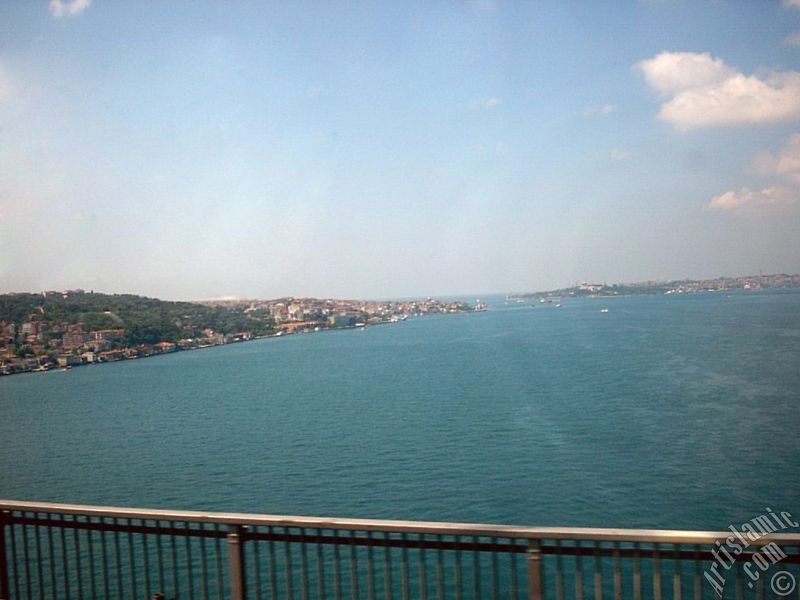View of the Bosphorus in Istanbul from the Bosphorus Bridge over the sea of Marmara in Turkey.
