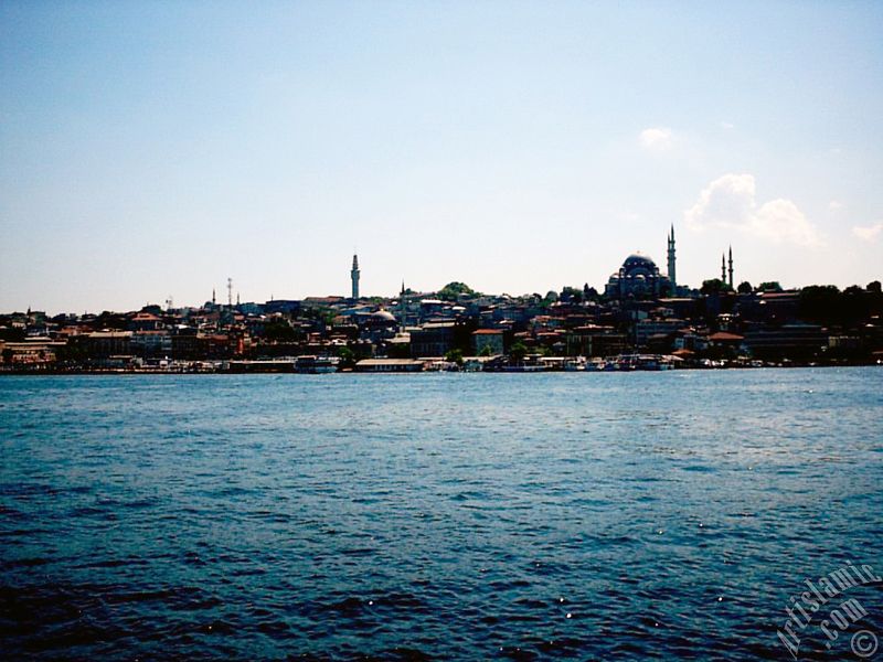 View of Eminonu coast, (from left) Beyazit Mosque, Beyazit Tower, (below) Rustem Pasha Mosque and (above) Suleymaniye Mosque from the shore of Karakoy-Persembe Pazari in Istanbul city of Turkey.
