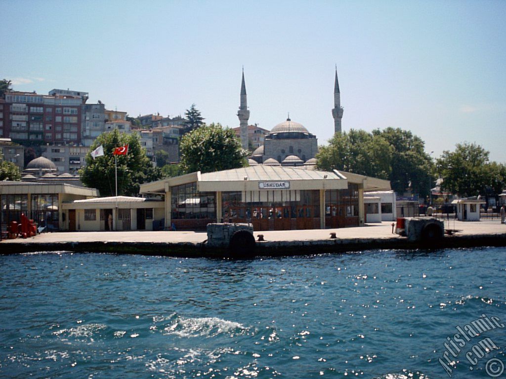 View of Uskudar jetty and Mihrimah Sultan Mosque from the Bosphorus in Istanbul city of Turkey.
