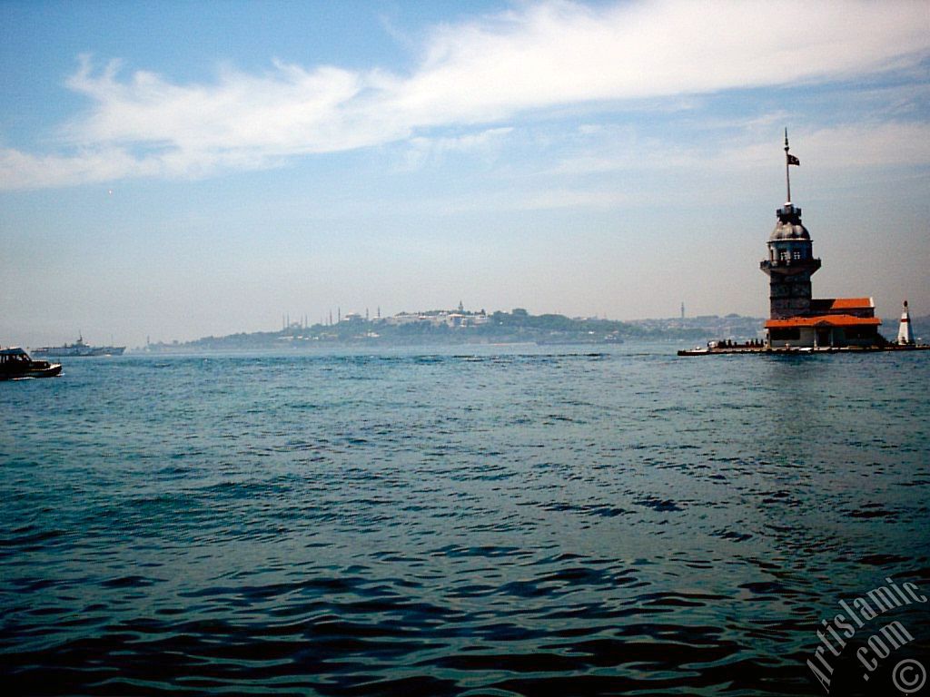 View of Kiz Kulesi (Maiden`s Tower) located in the Bosphorus from the shore of Uskudar in Istanbul city of Turkey.
