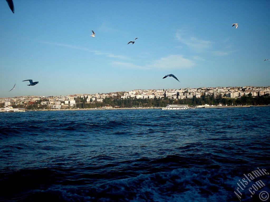 View of Uskudar-Harem coast from the Bosphorus in Istanbul city of Turkey.
