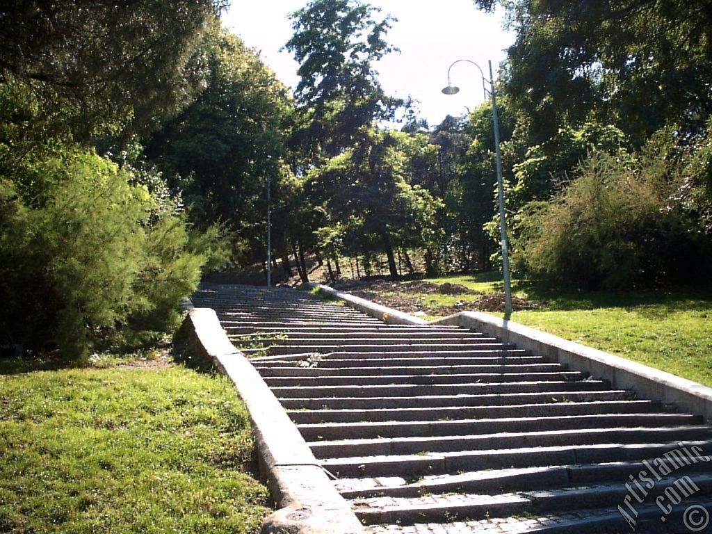 View of a park`s stairs in Dolmabahce district in Istanbul city of Turkey.
