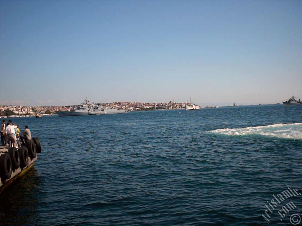 stanbul Beikta sahilinde iskeleye yanaan bir vapurdan denizden oluan kpkler, ufukta Kz Kulesi, solda skdar srtlar ve sahilde balk tutanlar.
