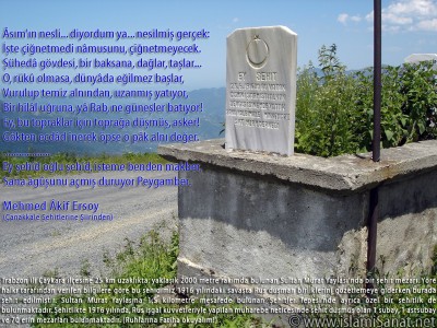 islamiSanat.net tarafndan anakkale Sava ve anakkale Zaferi`nin yldnm mnasebetiyle yaplm bir alma. almann arka plannda Trabzon ili aykara ilesine bal 2000 metre rakml Sultan Murat Yaylas`nda Ruslar tarafndan 1916 ylnda ehit edilmi bir askere ait mezarn fotoraf yer almaktadr. Bu vesile ile btn ehitlerimizi rahmetle anyoruz. ( islamiSanat.net. Bu eserin her hakk sakldr, ticari maksatla kullanlmas yasaktr.)