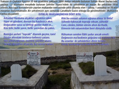 islamiSanat.net tarafndan anakkale Sava ve anakkale Zaferi`nin yldnm mnasebetiyle yaplm bir alma. almann arka plannda Trabzon ili aykara ilesine bal 2000 metre rakml Sultan Murat Yaylas`nda yer alan ve iinde Ruslar tarafndan 1916 ylnda ehit edilmi askerlerimizin yatt ehitler Tepesi`nde iki askerimize ait mezarn fotoraf yer almaktadr. ehit askerlerimizden birinin ayn zamanda ananakkale Gazisi olduu da grlmektedir. Bu vesile ile btn ehitlerimizi rahmetle anyoruz. ( islamiSanat.net. Bu eserin her hakk sakldr, ticari maksatla kullanlmas yasaktr.)