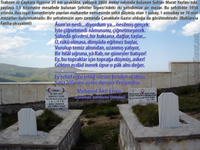 islamiSanat.net tarafndan anakkale Sava ve anakkale Zaferi`nin yldnm mnasebetiyle yaplm bir alma. almann arka plannda Trabzon ili aykara ilesine bal 2000 metre rakml Sultan Murat Yaylas`nda yer alan ve iinde Ruslar tarafndan 1916 ylnda ehit edilmi askerlerimizin yatt ehitler Tepesi`nde iki askerimize ait mezarn fotoraf yer almaktadr. ehit askerlerimizden birinin ayn zamanda ananakkale Gazisi olduu da grlmektedir. Bu vesile ile btn ehitlerimizi rahmetle anyoruz. ( islamiSanat.net. Bu eserin her hakk sakldr, ticari maksatla kullanlmas yasaktr.)